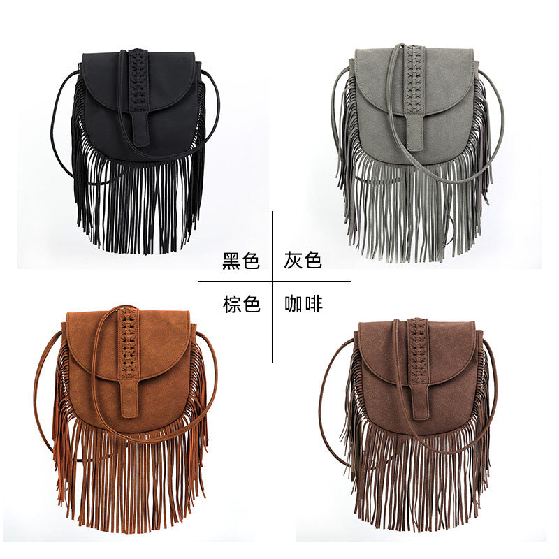 Wholesale Bohemian Covered Braided Half Circle Soft Leather Tassel Shoulder Crossbody Bag
